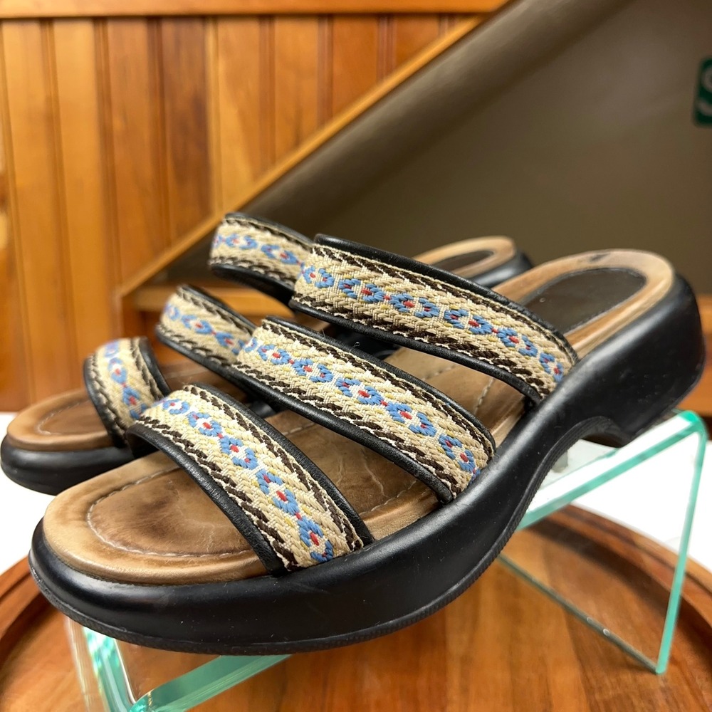 Dansko Womens Embroidered Triple Strap Slide Sandals Black Platform Wedge 39